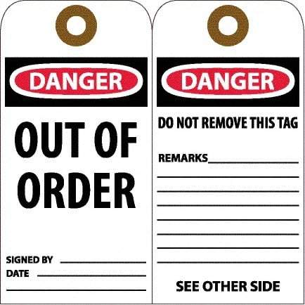 NMC - 6" High x 3" Long, DANGER - OUT OF ORDER, English Safety & Facility Accident Prevention Tag - Tag Header: Danger, 2 Sides, White Unrippable Vinyl - Americas Industrial Supply