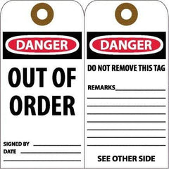 NMC - 6" High x 3" Long, DANGER - OUT OF ORDER, English Safety & Facility Accident Prevention Tag - Tag Header: Danger, 2 Sides, White Unrippable Vinyl - Americas Industrial Supply