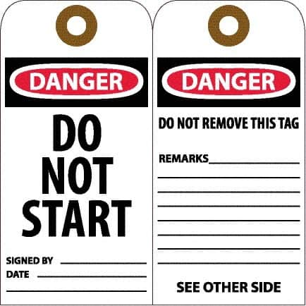 NMC - 6" High x 3" Long, DANGER - DO NOT START, English Safety & Facility Accident Prevention Tag - Tag Header: Danger, 2 Sides, White Unrippable Vinyl - Americas Industrial Supply