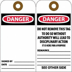 NMC - 6" High x 3" Long, DANGER, English Safety & Facility Accident Prevention Tag - Tag Header: Danger, 2 Sides, White Unrippable Vinyl - Americas Industrial Supply