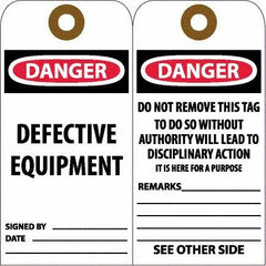 NMC - 6" High x 3" Long, DANGER - DEFECTIVE EQUIPMENT, English Safety & Facility Accident Prevention Tag - Tag Header: Danger, 2 Sides, White Unrippable Vinyl - Americas Industrial Supply
