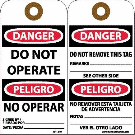 NMC - 6" High x 3" Long, DANGER - DO NOT OPERATE, English & Spanish Safety & Facility Accident Prevention Tag - Tag Header: Danger, 2 Sides, White Unrippable Vinyl - Americas Industrial Supply