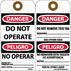 NMC - 6" High x 3" Long, DANGER - DO NOT OPERATE, English & Spanish Safety & Facility Accident Prevention Tag - Tag Header: Danger, 2 Sides, White Unrippable Vinyl - Americas Industrial Supply