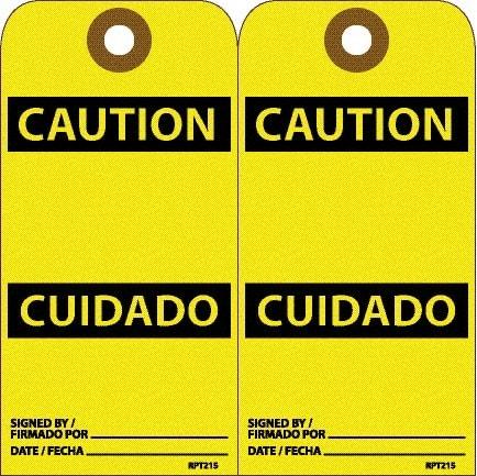 NMC - 6" High x 3" Long, CAUTION, English & Spanish Safety & Facility Accident Prevention Tag - Tag Header: CAUTION, 2 Sides, White Unrippable Vinyl - Americas Industrial Supply