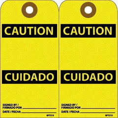 NMC - 6" High x 3" Long, CAUTION, English & Spanish Safety & Facility Accident Prevention Tag - Tag Header: CAUTION, 2 Sides, White Unrippable Vinyl - Americas Industrial Supply