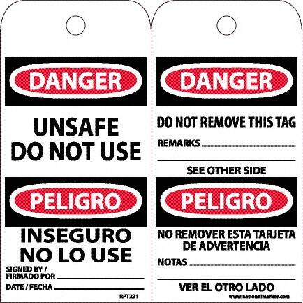 NMC - 6" High x 3" Long, DANGER - UNSAFE DO NOT USE, English & Spanish Safety & Facility Accident Prevention Tag - Tag Header: Danger, 2 Sides, White Unrippable Vinyl - Americas Industrial Supply