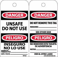 NMC - 6" High x 3" Long, DANGER - UNSAFE DO NOT USE, English & Spanish Safety & Facility Accident Prevention Tag - Tag Header: Danger, 2 Sides, White Unrippable Vinyl - Americas Industrial Supply