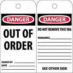 NMC - 6" High x 3" Long, DANGER - OUT OF ORDER, English Safety & Facility Accident Prevention Tag - Tag Header: Danger, 2 Sides, White Unrippable Vinyl - Americas Industrial Supply
