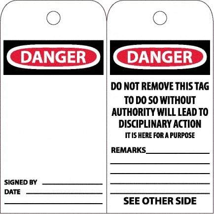 NMC - 6" High x 3" Long, DANGER, English Safety & Facility Accident Prevention Tag - Tag Header: Danger, 2 Sides, White Unrippable Vinyl - Americas Industrial Supply