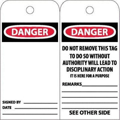 NMC - 6" High x 3" Long, DANGER, English Safety & Facility Accident Prevention Tag - Tag Header: Danger, 2 Sides, White Unrippable Vinyl - Americas Industrial Supply