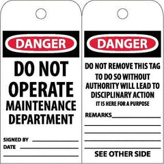 NMC - 6" High x 3" Long, DANGER - DO NOT OPERATE - MAINTENANCE DEPARTMENT, English Safety & Facility Accident Prevention Tag - Tag Header: Danger, 2 Sides, White Unrippable Vinyl - Americas Industrial Supply