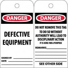 NMC - 6" High x 3" Long, DANGER - DEFECTIVE EQUIPMENT, English Safety & Facility Accident Prevention Tag - Tag Header: Danger, 2 Sides, White Unrippable Vinyl - Americas Industrial Supply