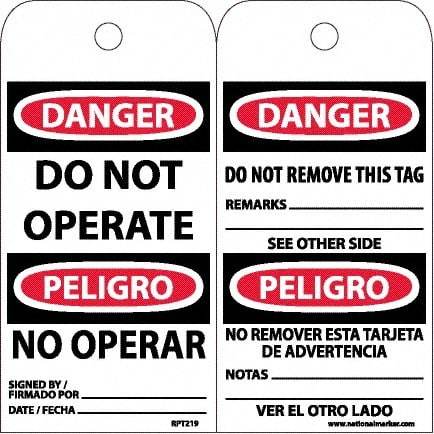 NMC - 6" High x 3" Long, DANGER - DO NOT OPERATE, English & Spanish Safety & Facility Accident Prevention Tag - Tag Header: Danger, 2 Sides, White Unrippable Vinyl - Americas Industrial Supply