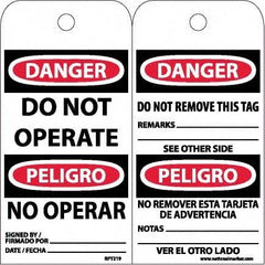 NMC - 6" High x 3" Long, DANGER - DO NOT OPERATE, English & Spanish Safety & Facility Accident Prevention Tag - Tag Header: Danger, 2 Sides, White Unrippable Vinyl - Americas Industrial Supply