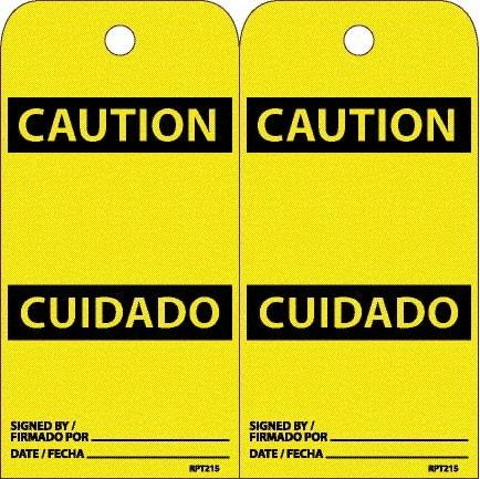 NMC - 6" High x 3" Long, CAUTION, English & Spanish Safety & Facility Accident Prevention Tag - Tag Header: CAUTION, 2 Sides, White Unrippable Vinyl - Americas Industrial Supply