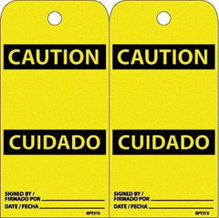 NMC - 6" High x 3" Long, CAUTION, English & Spanish Safety & Facility Accident Prevention Tag - Tag Header: CAUTION, 2 Sides, White Unrippable Vinyl - Americas Industrial Supply