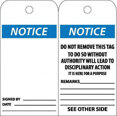 NMC - 6" High x 3" Long, Notice, English Safety & Facility Accident Prevention Tag - Tag Header: Notice, 2 Sides, White Poly - Americas Industrial Supply