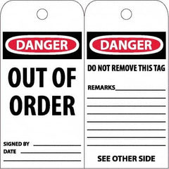 NMC - 6" High x 3" Long, DANGER - OUT OF ORDER, English Safety & Facility Accident Prevention Tag - Tag Header: Danger, 2 Sides, White Poly - Americas Industrial Supply