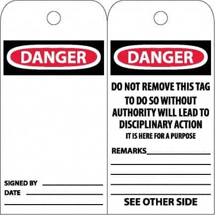 NMC - 6" High x 3" Long, DANGER, English Safety & Facility Accident Prevention Tag - Tag Header: Danger, 2 Sides, White Poly - Americas Industrial Supply