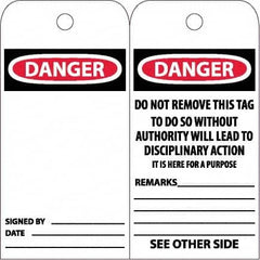 NMC - 6" High x 3" Long, DANGER, English Safety & Facility Accident Prevention Tag - Tag Header: Danger, 2 Sides, White Poly - Americas Industrial Supply