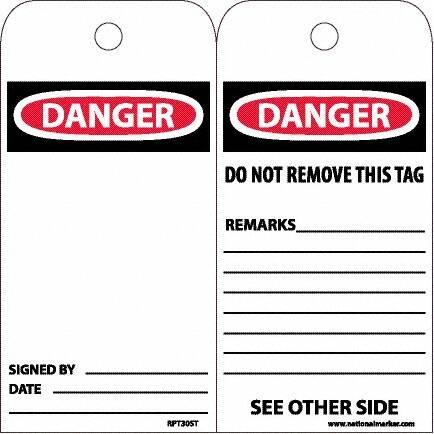 NMC - 6" High x 3" Long, DANGER, English Safety & Facility Accident Prevention Tag - Tag Header: Danger, 2 Sides, White Poly - Americas Industrial Supply