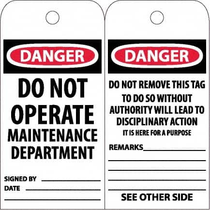 NMC - 6" High x 3" Long, DANGER - DO NOT OPERATE - MAINTENANCE DEPARTMENT, English Safety & Facility Accident Prevention Tag - Tag Header: Danger, 2 Sides, White Poly - Americas Industrial Supply