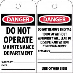 NMC - 6" High x 3" Long, DANGER - DO NOT OPERATE - MAINTENANCE DEPARTMENT, English Safety & Facility Accident Prevention Tag - Tag Header: Danger, 2 Sides, White Poly - Americas Industrial Supply