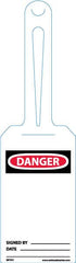 NMC - 11-1/4" High x 3-1/4" Long, DANGER - SIGNED BY____ DATE ____, English Safety & Facility Tag - Tag Header: Danger, 1 Side, White Unrippable Vinyl - Americas Industrial Supply