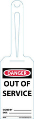 NMC - 11-1/4" High x 3-1/4" Long, Danger - Out of Service, English Safety & Facility Tag - Tag Header: Danger, 1 Side, White Unrippable Vinyl - Americas Industrial Supply