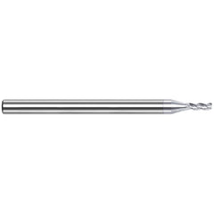 Corner Radius End Mill: 0.02″ Dia, 0.03″ LOC, 0.002″ Radius, 3 Flutes, Solid Carbide 1-1/2″ OAL, 1/8″ Shank Dia, 42 ° Helix, TiB2 Coated, Corner Radius End
