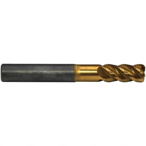 Emuge - 6mm Diam, Fine Pitch, 13mm LOC, 4 Flute Solid Carbide 1mm Corner Radius Roughing End Mill - TiN/TiAlN Finish, 62mm OAL, 6mm Shank Diam, Single End, Extended Reach, 45° Helix - Americas Industrial Supply