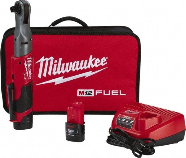 Milwaukee Tool - 1/2" Drive 12 Volt Pistol Grip Cordless Impact Wrench & Ratchet - 175 RPM, 60 Ft/Lb Torque, 2 Lithium-Ion Batteries Included - Americas Industrial Supply