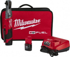 Milwaukee Tool - 3/8" Drive 12 Volt Pistol Grip Cordless Impact Wrench & Ratchet - 200 RPM, 55 Ft/Lb Torque, 2 Lithium-Ion Batteries Included - Americas Industrial Supply