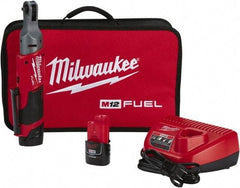 Milwaukee Tool - 1/4" Drive 12 Volt Pistol Grip Cordless Impact Wrench & Ratchet - 250 RPM, 40 Ft/Lb Torque, 2 Lithium-Ion Batteries Included - Americas Industrial Supply