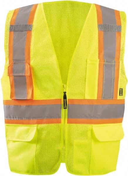 OccuNomix - Size 2XL High Visibility Yellow Mesh Surveyor's Vest - 60" Chest, ANSI 107-2015, Zipper Closure, 11 Pockets, Polyester - Americas Industrial Supply