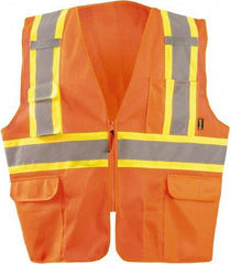 OccuNomix - Size S High Visibility Orange Mesh Surveyor's Vest - 46" Chest, ANSI 107-2015, Zipper Closure, 11 Pockets, Polyester - Americas Industrial Supply
