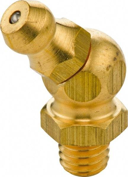 Umeta - 45° Head Angle, 1/4-28 SAE-LT Brass Standard Grease Fitting - 9mm Hex, 23.5mm Overall Height, 5.5mm Shank Length - Americas Industrial Supply