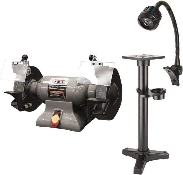 Jet - 8" Wheel Diam x 1" Wheel Width, 1 hp Grinder - 0.63" Arbor Hole Diam, 1 Phase, 3,450 Max RPM, 115 Volts - Americas Industrial Supply