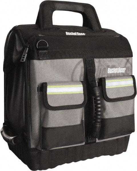 Bucket Boss - 16 Pocket Black, Yellow & Gray Ballistic Polyester Tool Bag - 14" Wide x 11" Deep x 14" High - Americas Industrial Supply