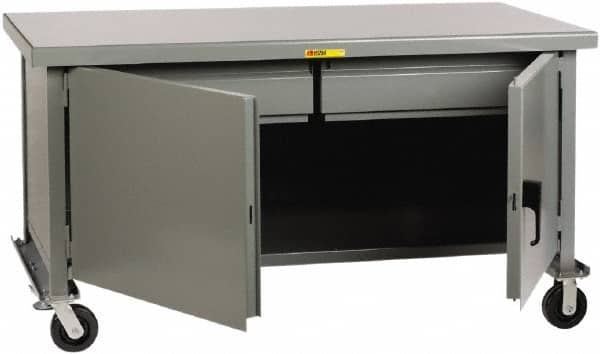 Little Giant - 3,600 Lb Capacity, 2 Shelf, 2 Drawer, 2 Door Mobile Heavy-Duty Workbench Cabinet - 72" Wide x 30" Deep x 37-1/2" High, Steel, Gray - Americas Industrial Supply