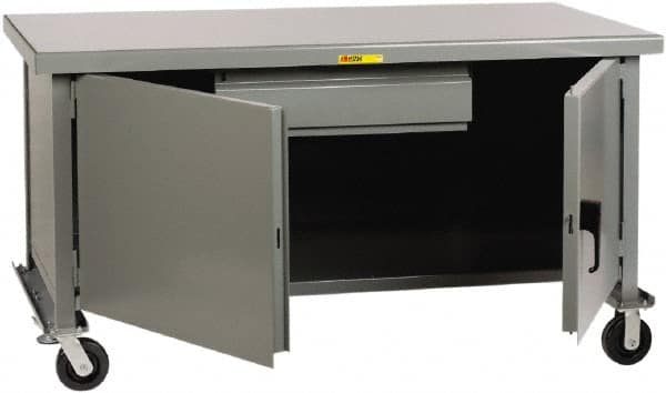 Little Giant - 3,600 Lb Capacity, 2 Shelf, 1 Drawer, 2 Door Mobile Heavy-Duty Workbench Cabinet - 60" Wide x 30" Deep x 37-1/2" High, Steel, Gray - Americas Industrial Supply