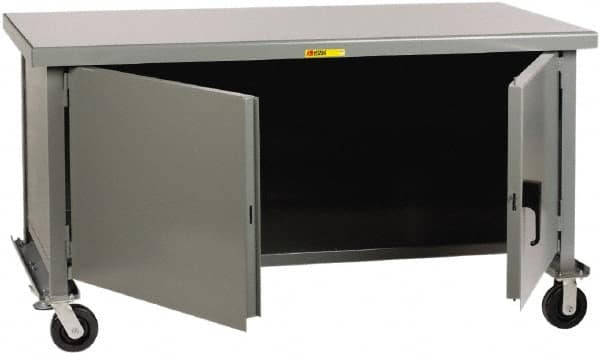 Little Giant - 3,600 Lb Capacity, 2 Shelf, 2 Door Mobile Heavy-Duty Workbench Cabinet - 72" Wide x 36" Deep x 37-1/2" High, Steel, Gray - Americas Industrial Supply