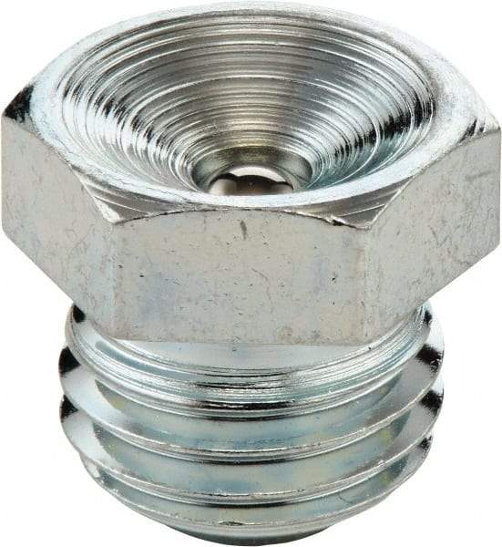 Umeta - Straight Head Angle, M8x1 Metric Steel Flush-Style Grease Fitting - 9mm Hex, 9.5mm Overall Height, 6.5mm Shank Length, Zinc Plated Finish - Americas Industrial Supply