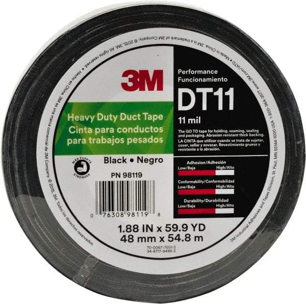 3M - 2" x 54.8m Silver Duct Tape - 11 mil, Rubber Adhesive, Polyethylene Film Backing, Series DT11 - Americas Industrial Supply