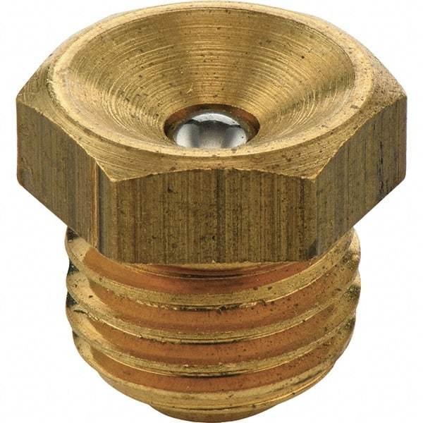 Umeta - Straight Head Angle, M10 Metric Brass Flush-Style Grease Fitting - 12mm Hex, 9.5mm Overall Height, 6.5mm Shank Length - Americas Industrial Supply