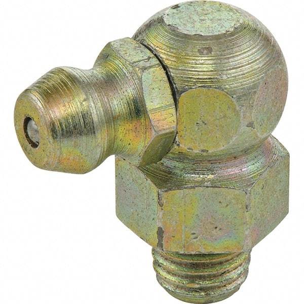 Umeta - 90° Head Angle, M6 Drive-In Steel Drive-In Grease Fitting - 9mm Hex, 18mm Overall Height, 5.5mm Shank Length, Zinc Plated Finish - Americas Industrial Supply