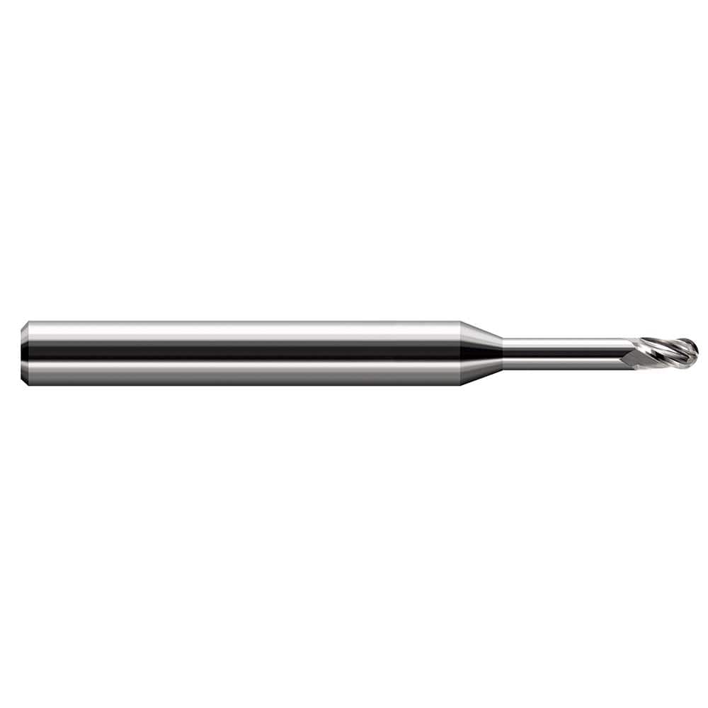 Ball End Mill: 0.025″ Dia, 0.038″ LOC, 3 Flute, Solid Carbide 2-1/2″ OAL, 1/8″ Shank Dia, 30 ° Helix, Uncoated, Single End
