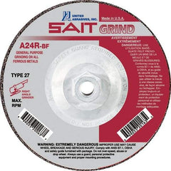Sait - 24 Grit, 7" Wheel Diam, 1/4" Wheel Thickness, Type 27 Depressed Center Wheel - Aluminum Oxide, Resinoid Bond, R Hardness, 8,500 Max RPM, Compatible with Angle Grinder - Americas Industrial Supply