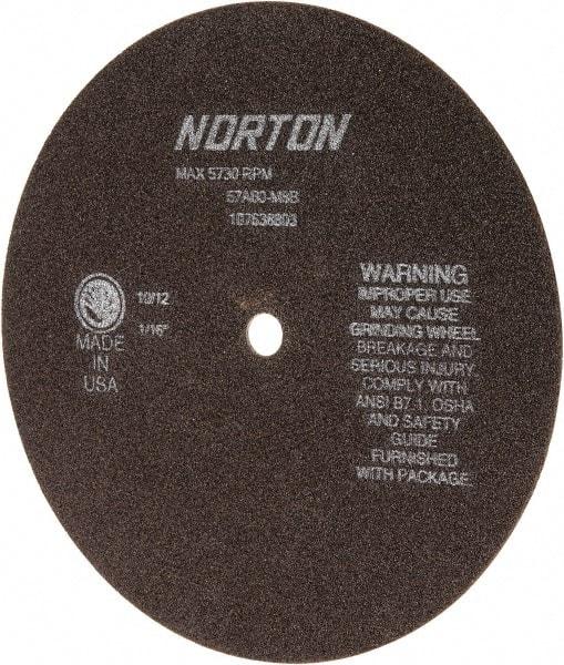 Norton - 8" 60 Grit Aluminum Oxide Cutoff Wheel - 1/16" Thick, 1/2" Arbor, 5,730 Max RPM, Use with Stationary Grinders - Americas Industrial Supply