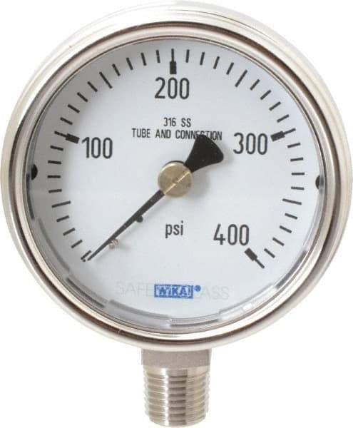 Wika - 2-1/2" Dial, 1/4 Thread, 0-400 Scale Range, Pressure Gauge - Lower Connection Mount, Accurate to 2-1-2% of Scale - Americas Industrial Supply